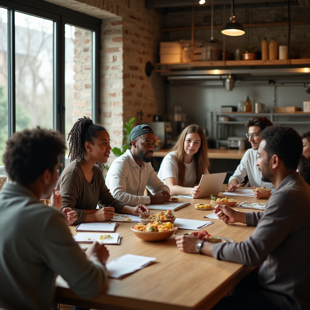 Diverse group of food entrepreneurs networking and collaborating at a food incubator community event