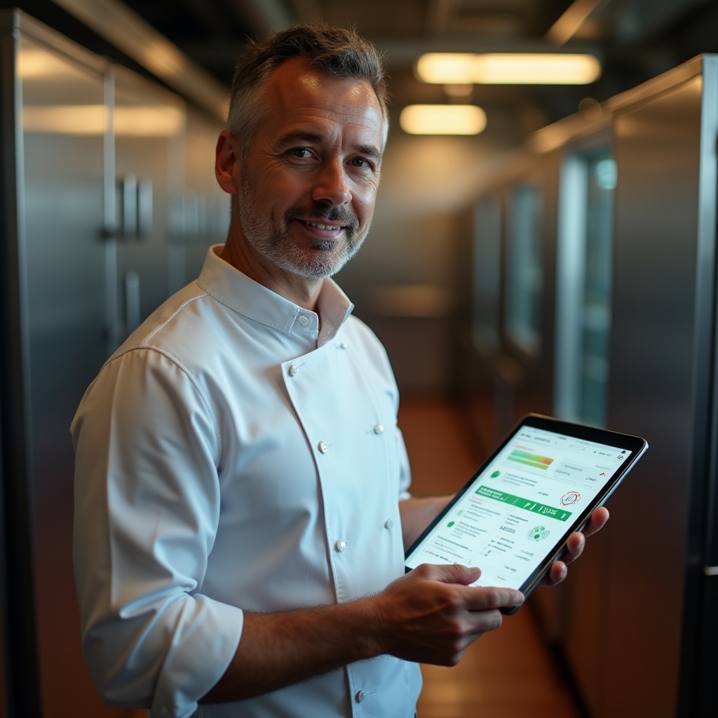 Kitchen manager reviewing health inspection readiness dashboard on a tablet device