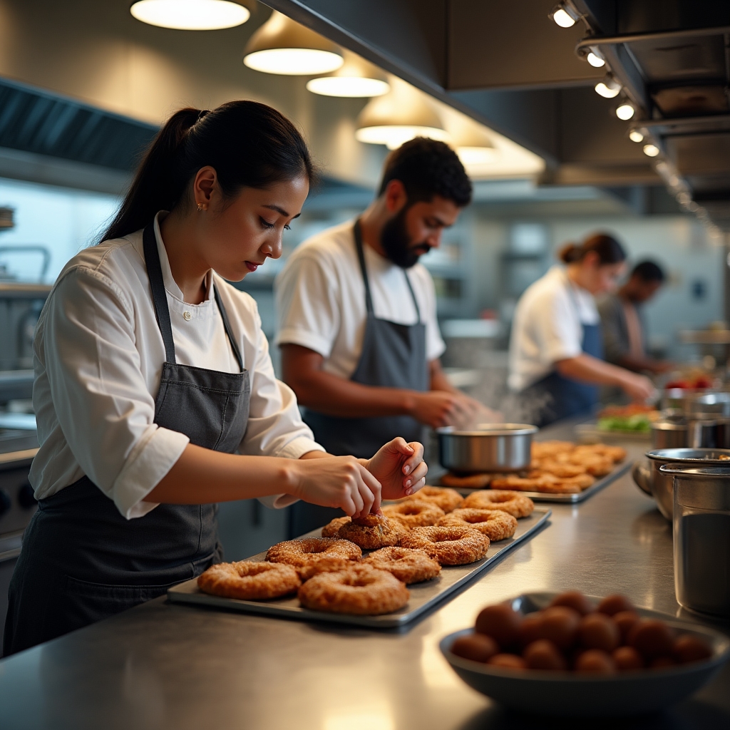 Multiple food entrepreneurs working simultaneously in a shared commercial kitchen space